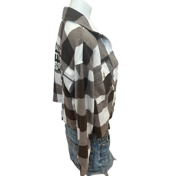 Plaid Fleece Button Up Crop Top MEDIUM All Fun Games Until Someone Loses An Eye - Picture 3 of 6